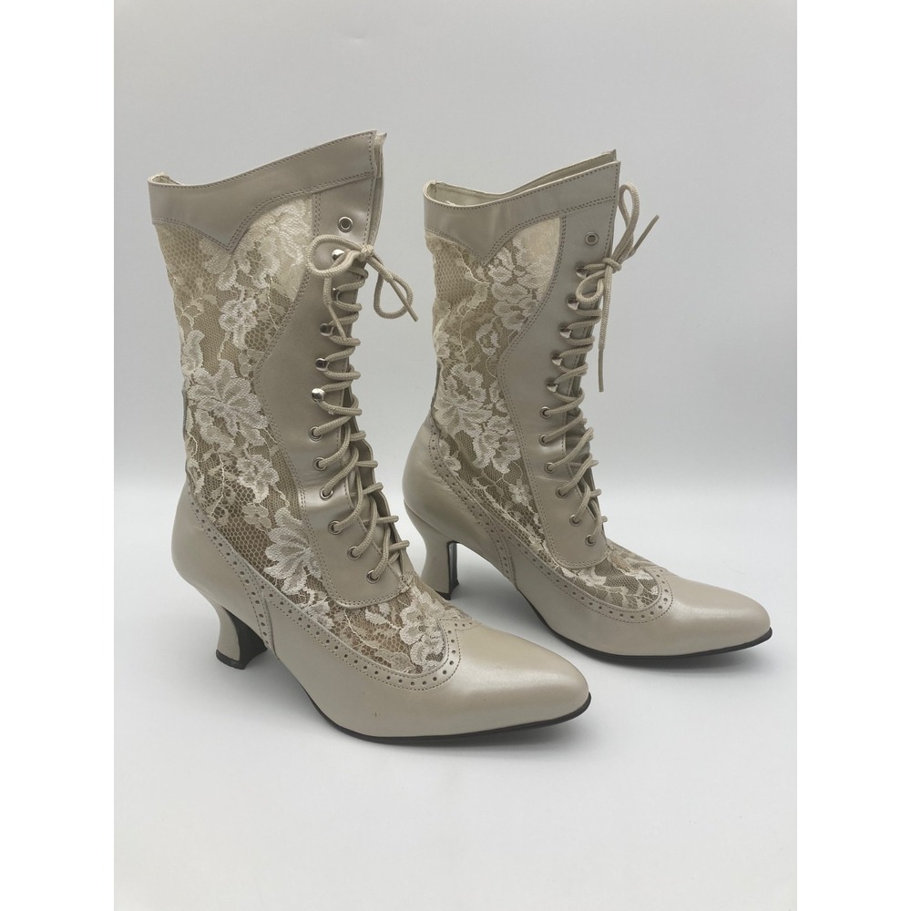 Oak Tree Farms Vesper Ivory Lace Victorian Bridal Boots Womens Size 10 Box